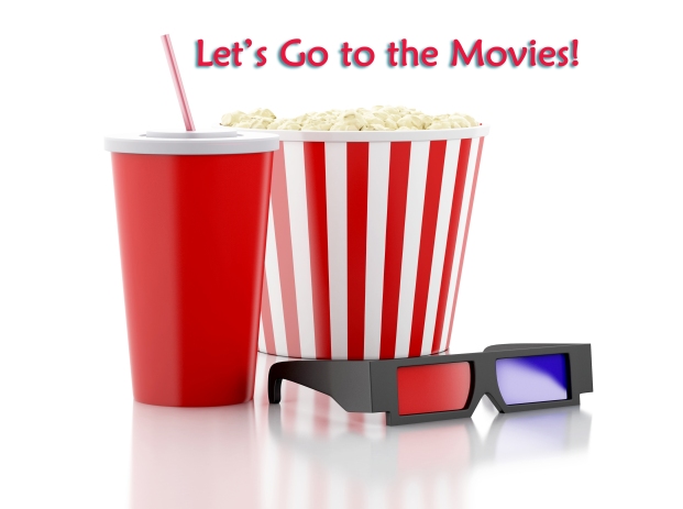 popcorn, drink and 3d glasses. 3d illustration